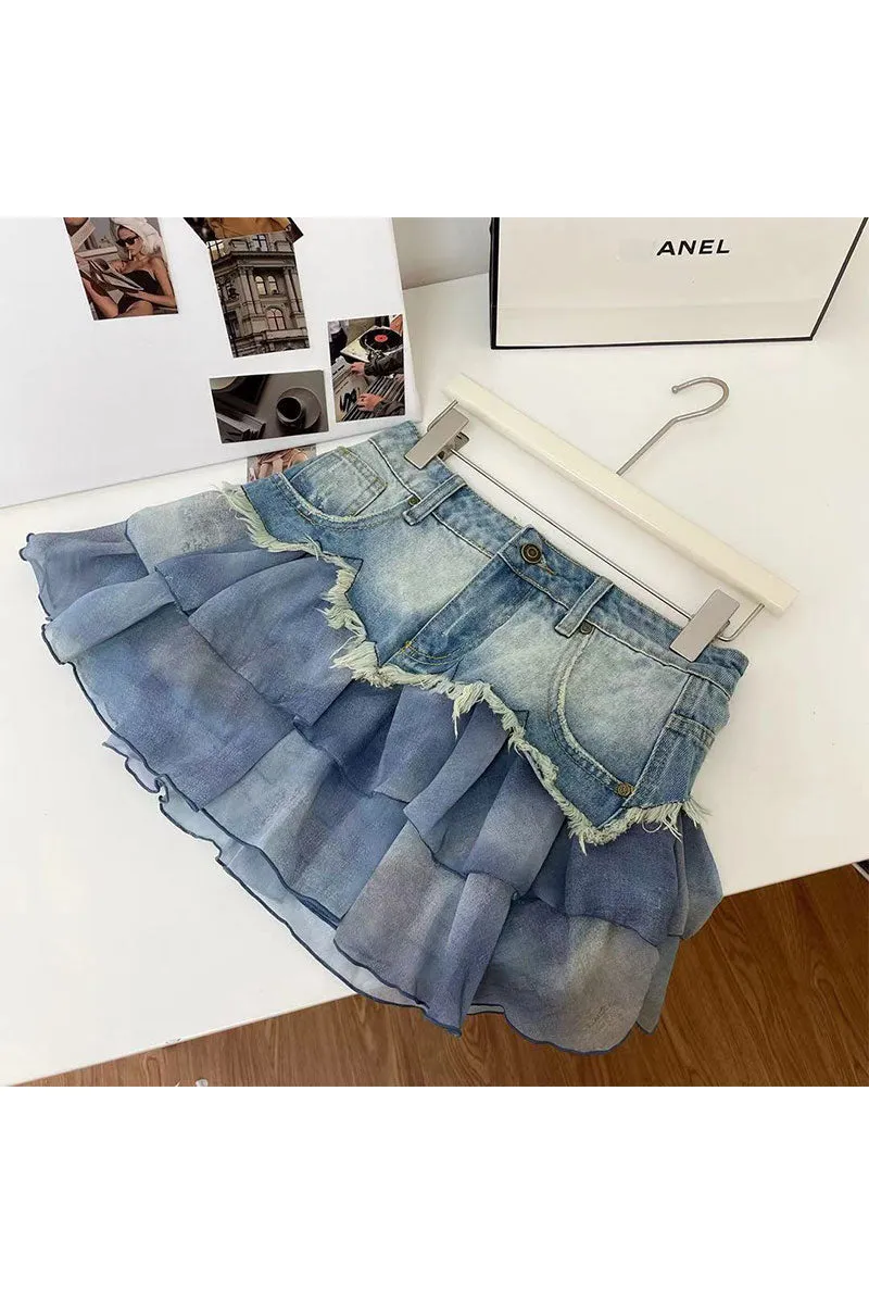 QG640 Denim Distressed Pleated Skirt