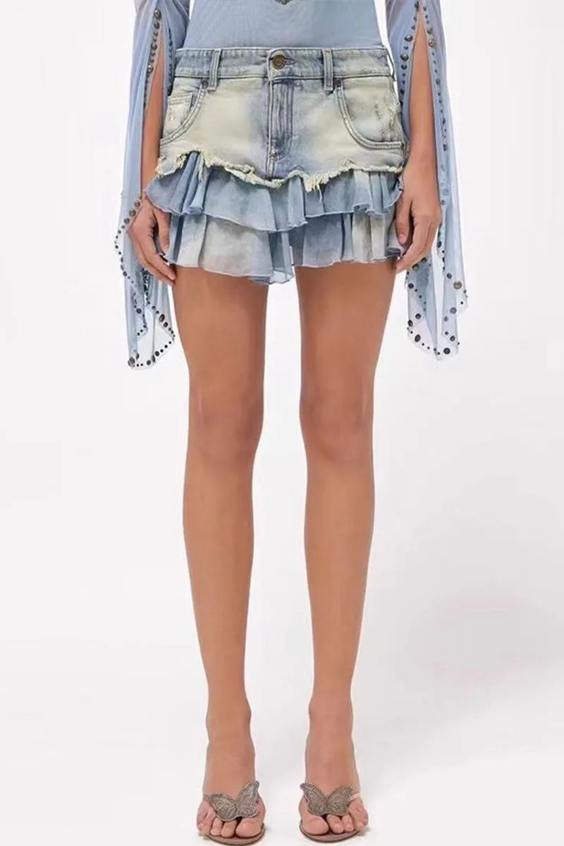 QG640 Denim Distressed Pleated Skirt