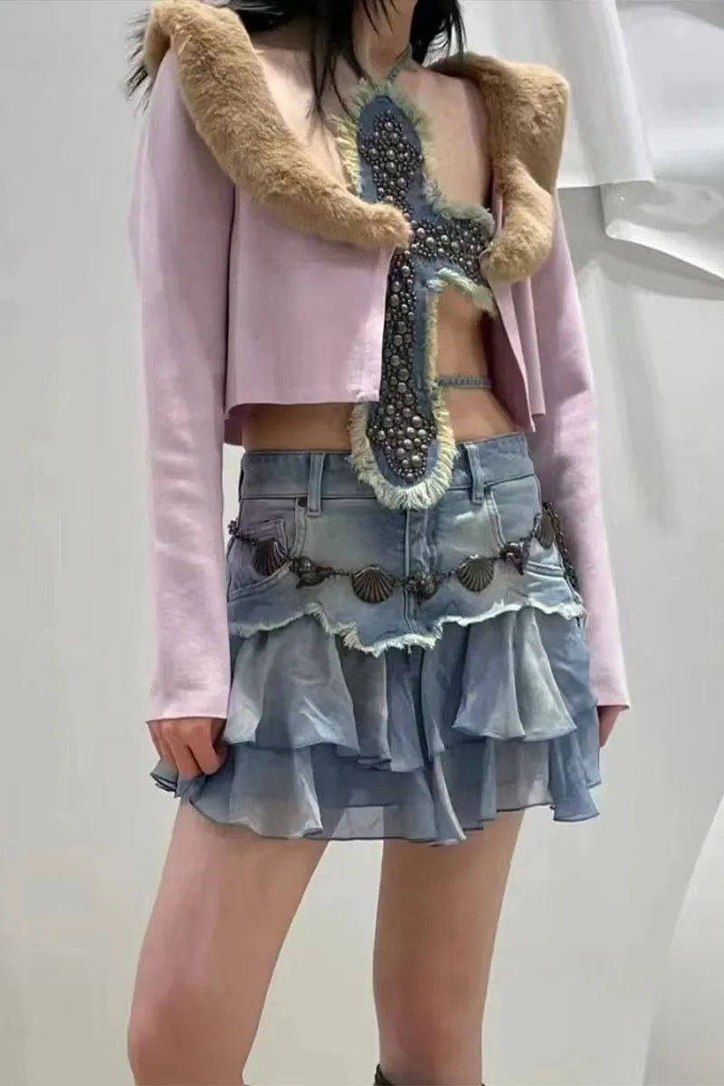 QG640 Denim Distressed Pleated Skirt