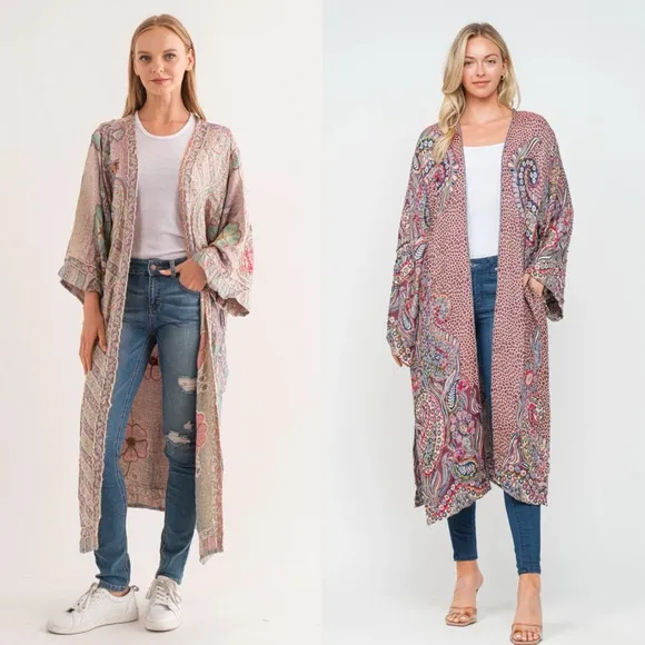Raj Floral Embroidered Long Kimono OS