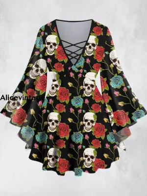 Retro Punk Skull Printed V-Neck Hollow Cut Flared Long Sleeve Mid-Long Top