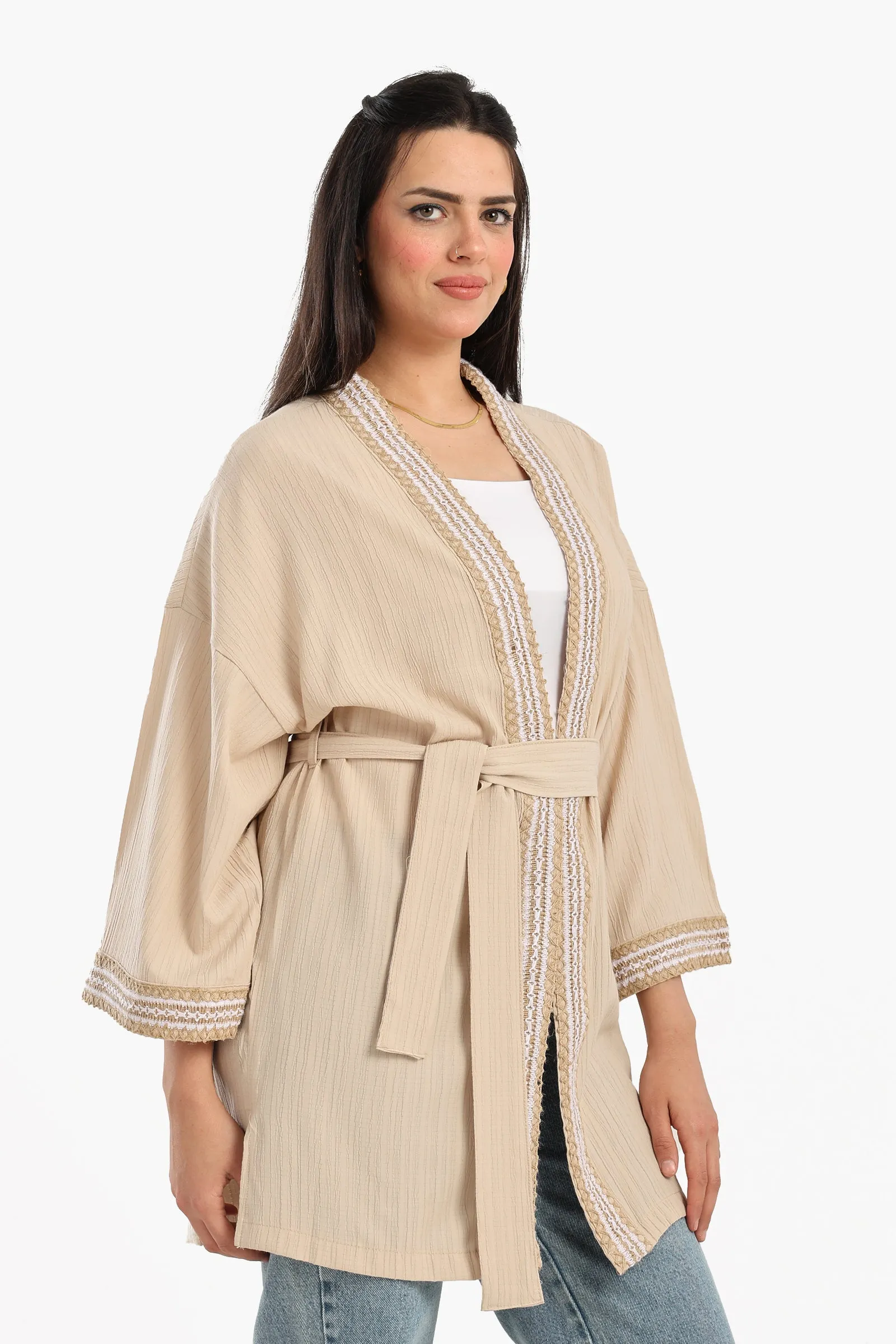 Ribbed Kimono with Embroidery