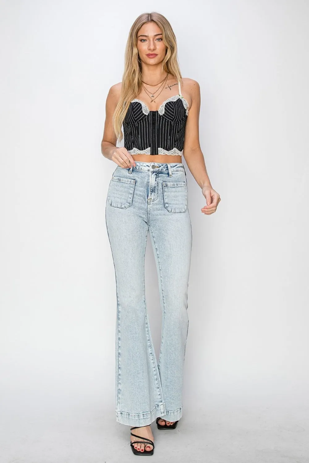 Risen High Rise Front Patch Pocket Flare Jeans