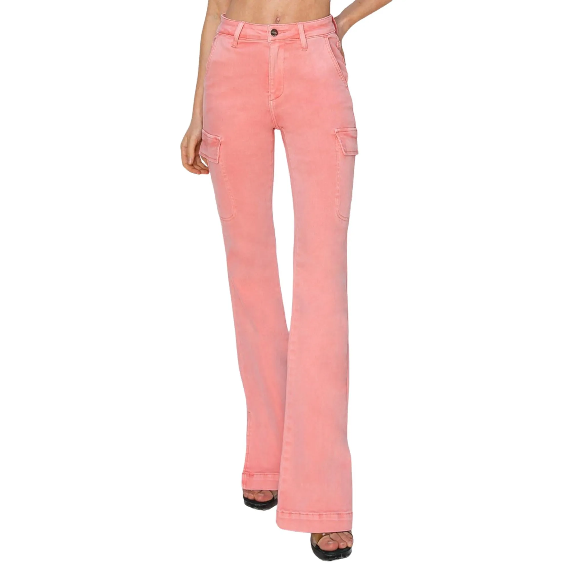 RISEN Regular/Plus Size High-Rise Side Slit Cargo Bootcut Jeans – Pink