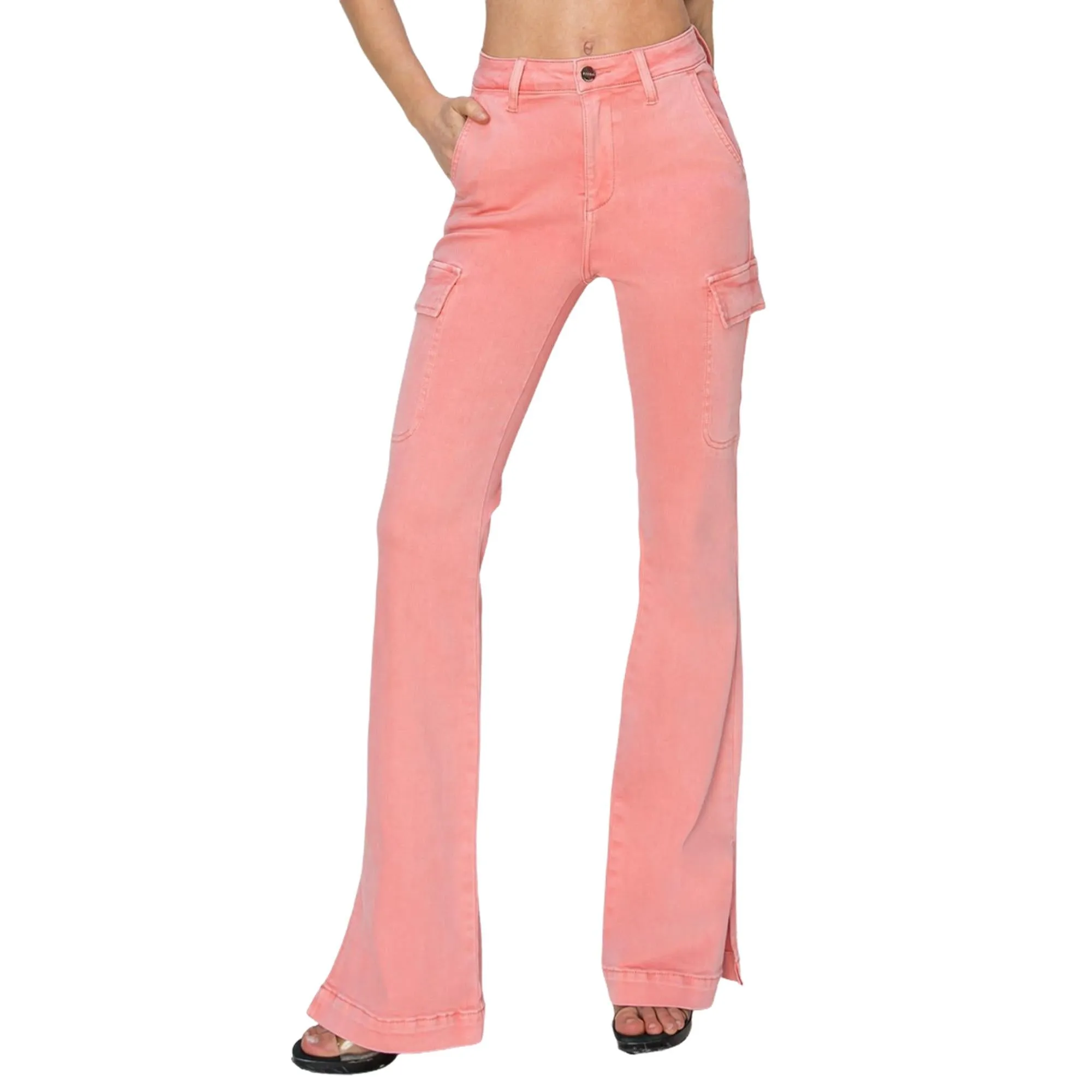 RISEN Regular/Plus Size High-Rise Side Slit Cargo Bootcut Jeans – Pink
