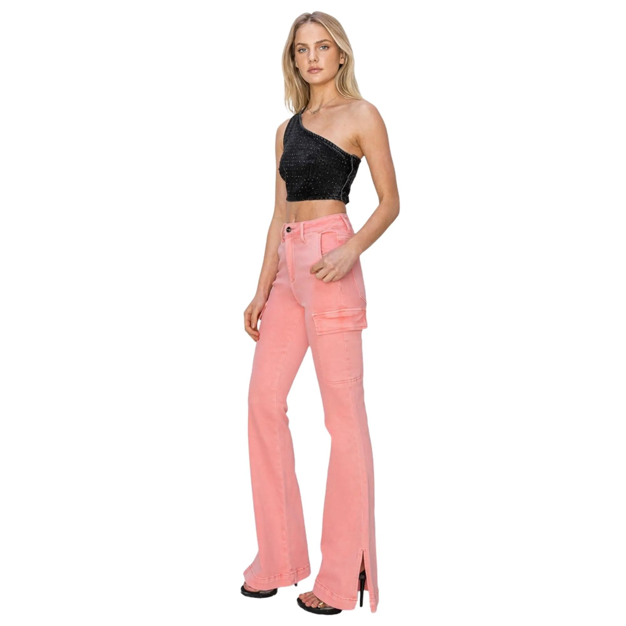 RISEN Regular/Plus Size High-Rise Side Slit Cargo Bootcut Jeans – Pink
