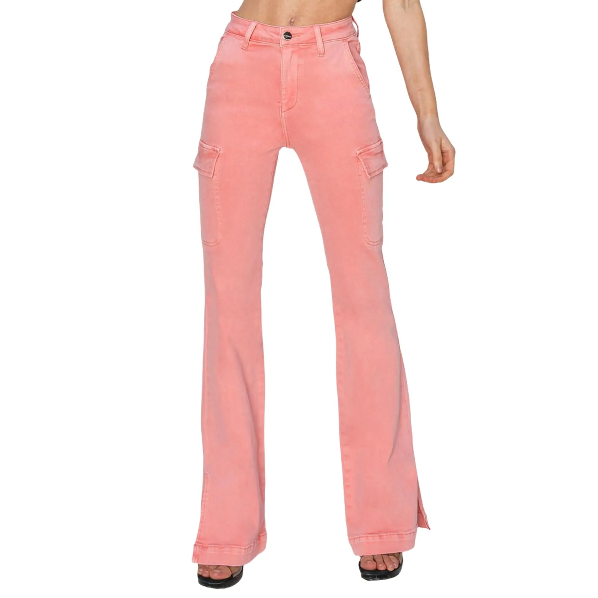 RISEN Regular/Plus Size High-Rise Side Slit Cargo Bootcut Jeans – Pink