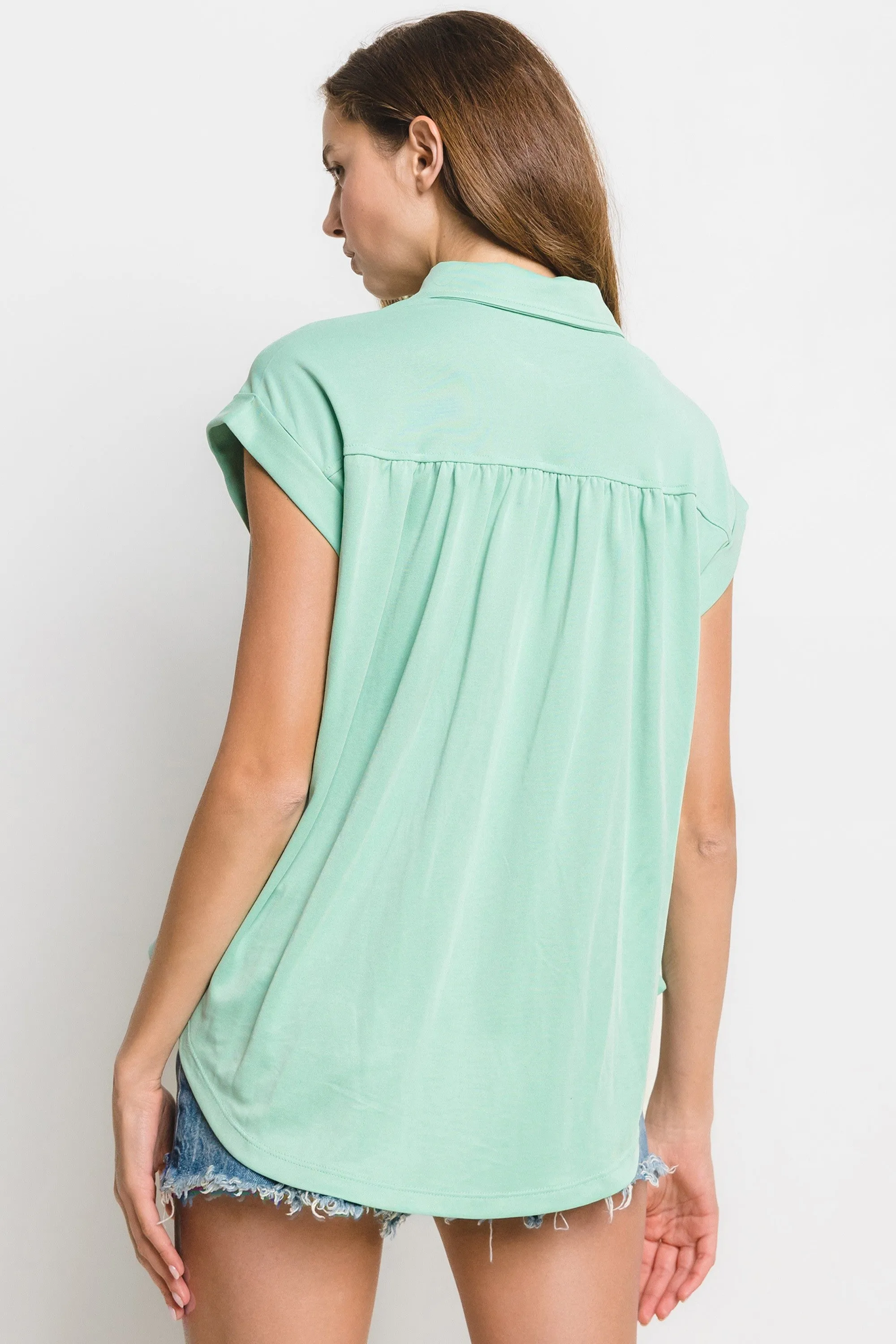 Roll-Up Short Sleeve Basic Collared Top - Final Sale