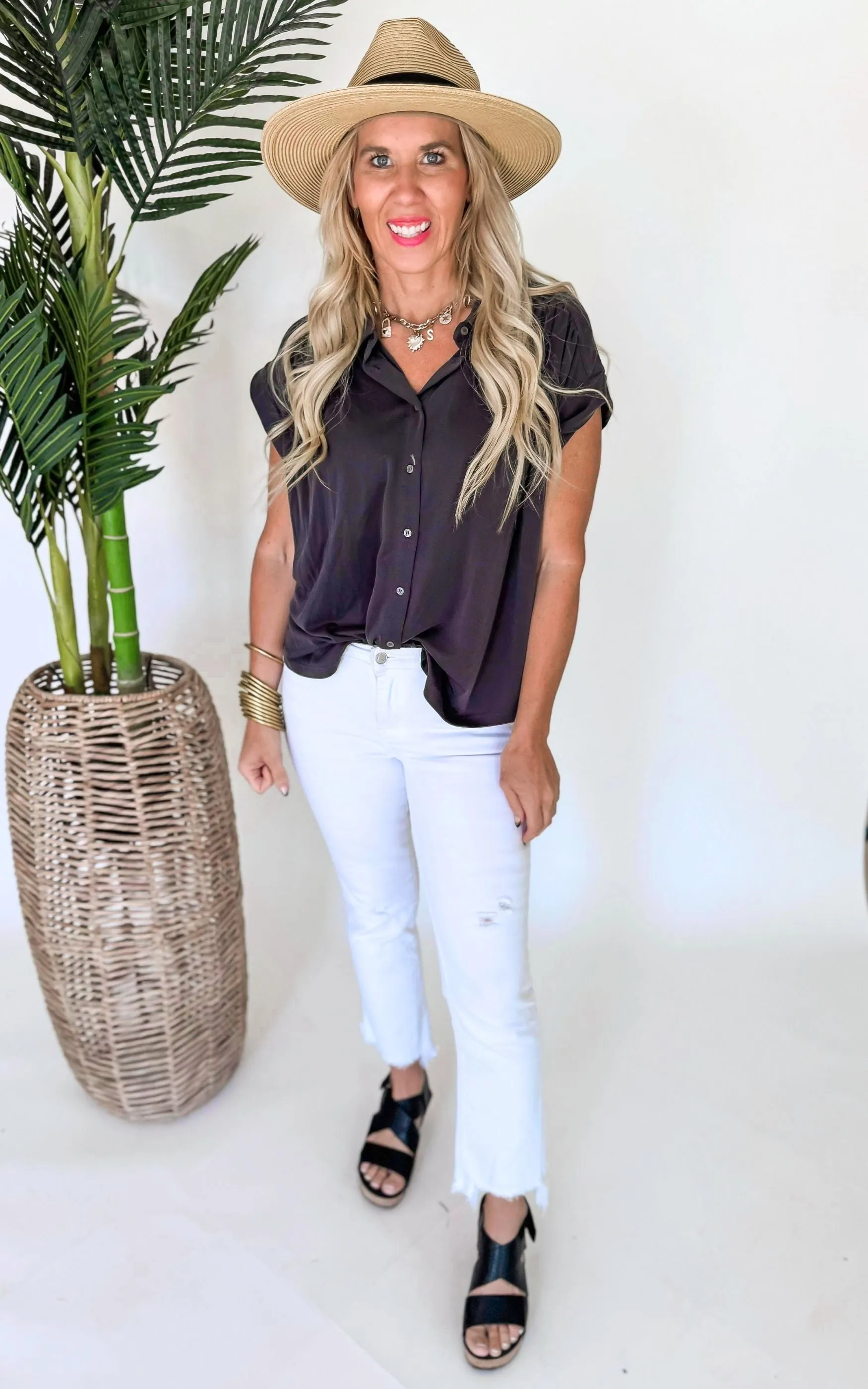 Roll-Up Short Sleeve Basic Collared Top - Final Sale