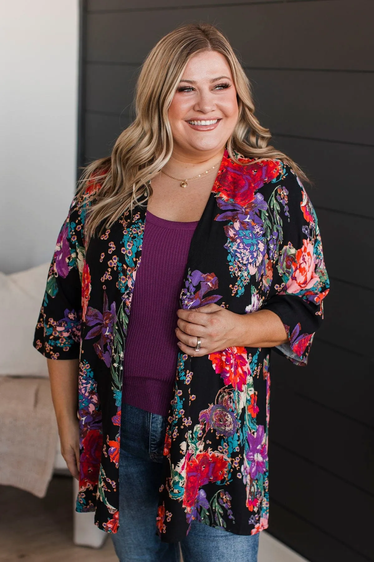 Room To Bloom Floral Kimono- Black