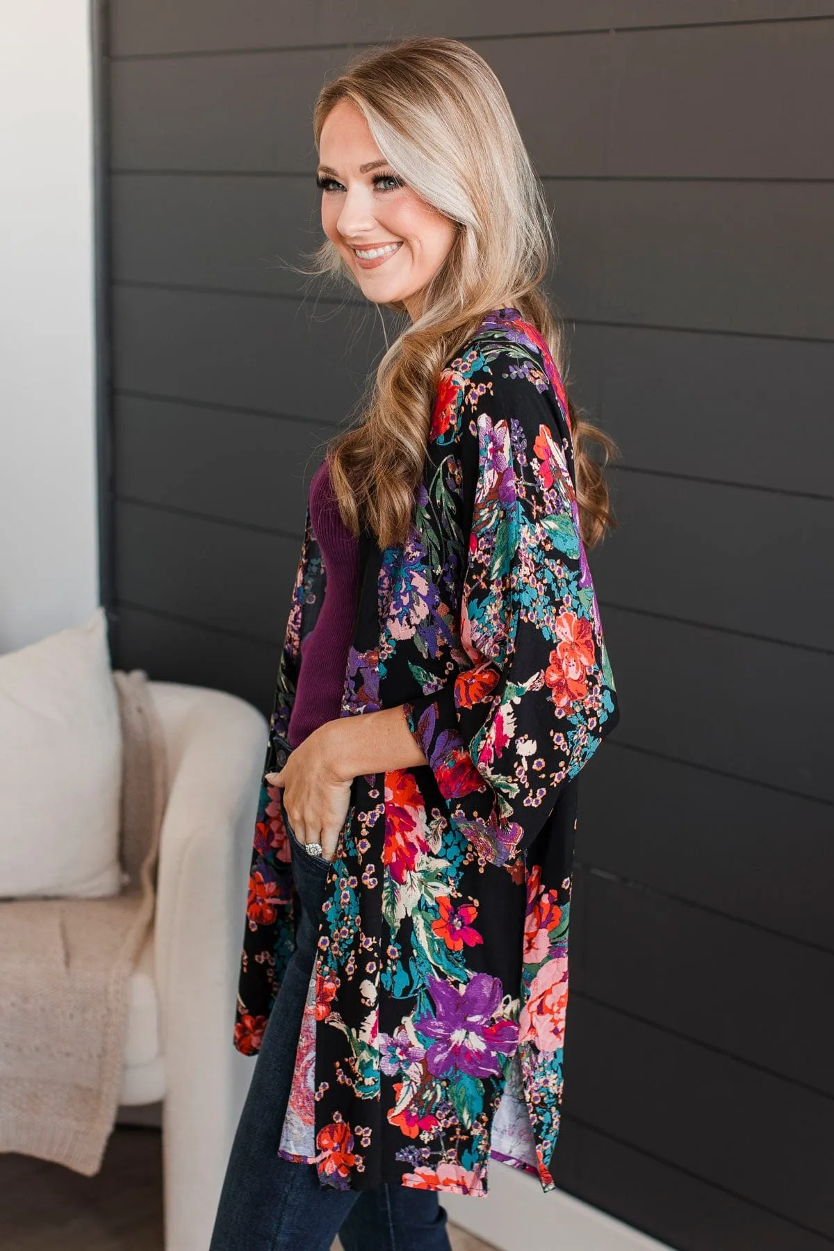 Room To Bloom Floral Kimono- Black