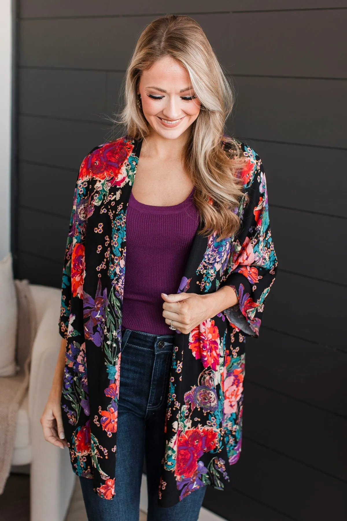 Room To Bloom Floral Kimono- Black