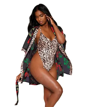 Rose Print Chiffon Robe with Leopard Print Satin Teddy Set