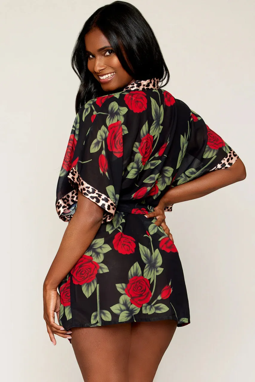 Rose Print Chiffon Robe with Leopard Print Satin Teddy Set