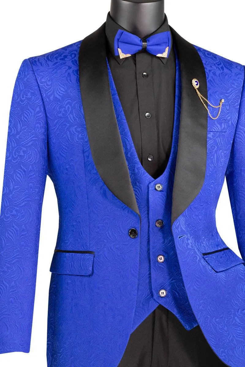 Royal Blue Jaquard Three Piece Slim Fit Tuxedo