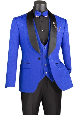 Royal Blue Jaquard Three Piece Slim Fit Tuxedo