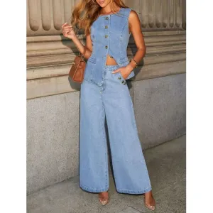'Rylee' Vest and Wide Leg Jeans Denim Set