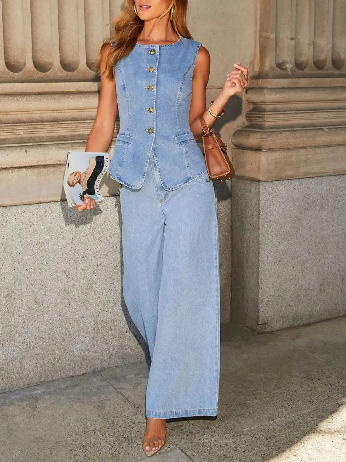 'Rylee' Vest and Wide Leg Jeans Denim Set