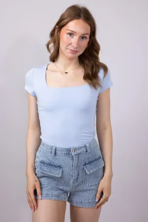 Seamless Double Layer Knit T-Shirt for Women in Powder Blue | 19211-POWDERBLUE