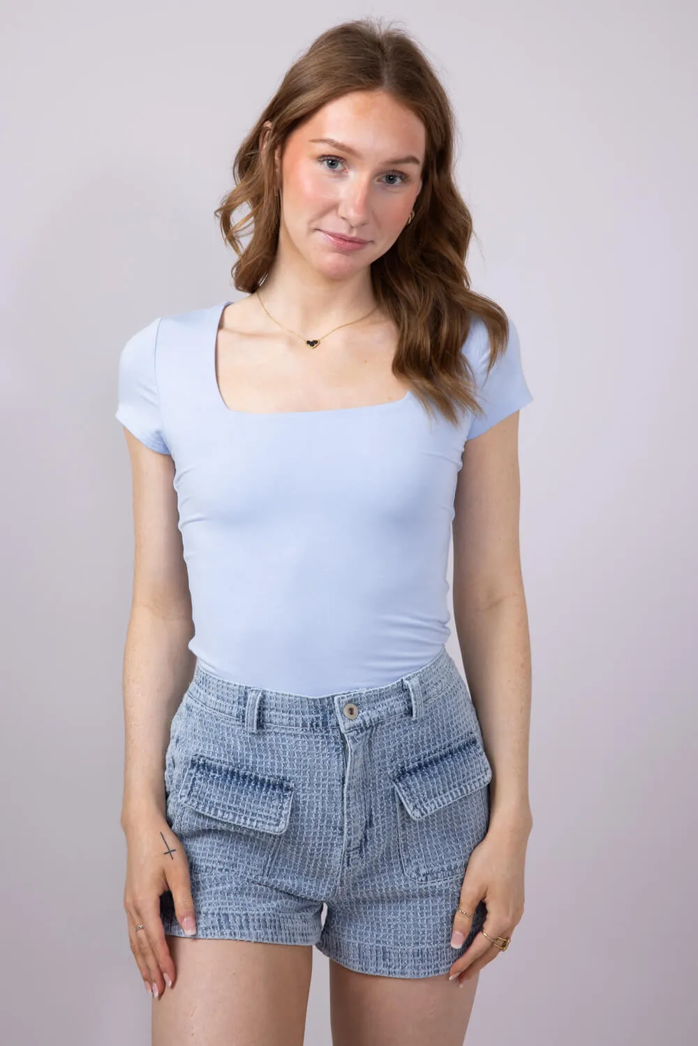 Seamless Double Layer Knit T-Shirt for Women in Powder Blue | 19211-POWDERBLUE