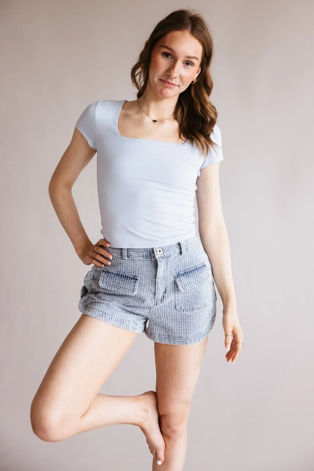 Seamless Double Layer Knit T-Shirt for Women in Powder Blue | 19211-POWDERBLUE