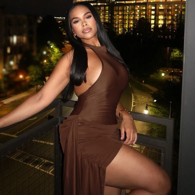 Semma Brown Asymmetrical Ruched Dress