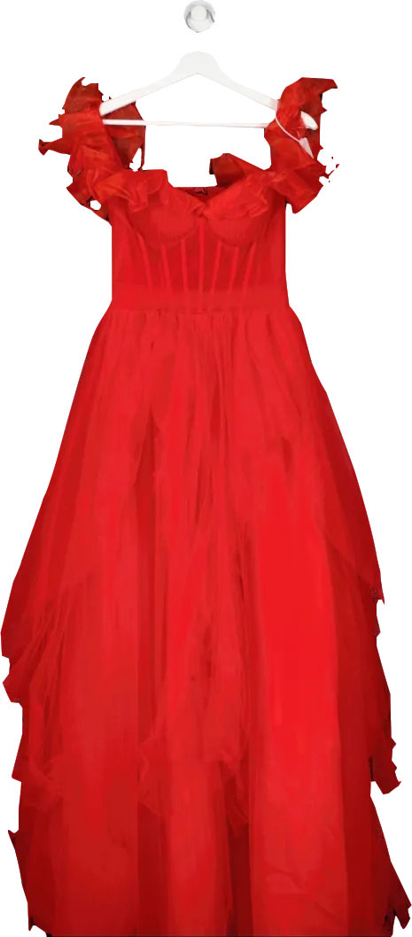 SHEIN Red Fishbone Bodice Layered Tulle Evening Gown UK S