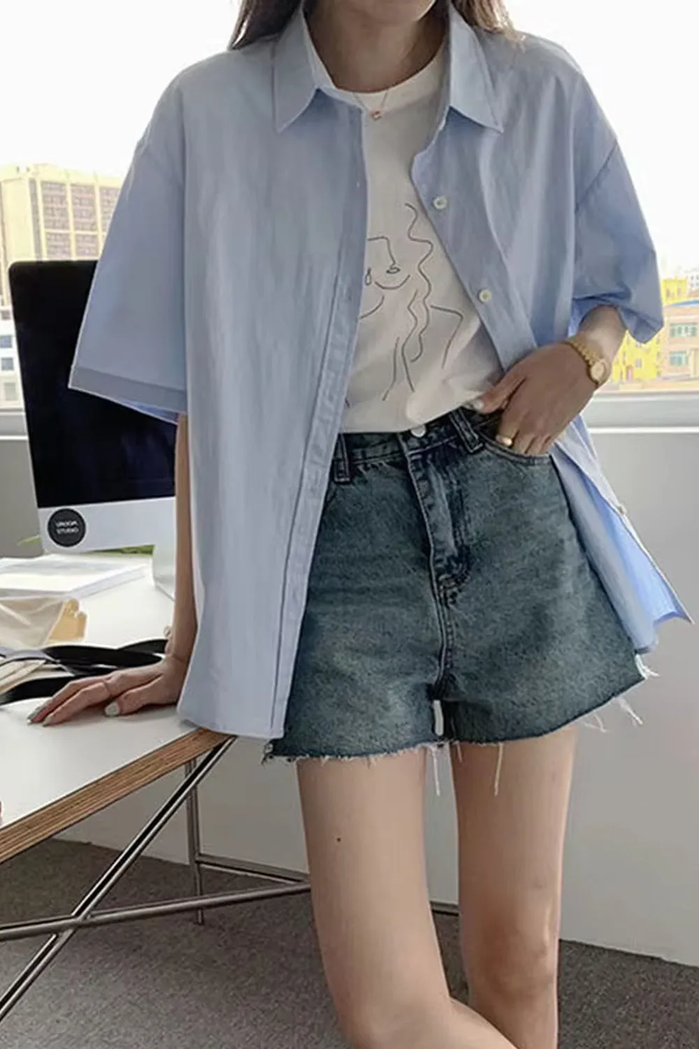 Short Sleeve Basic Button Blouse Shirts