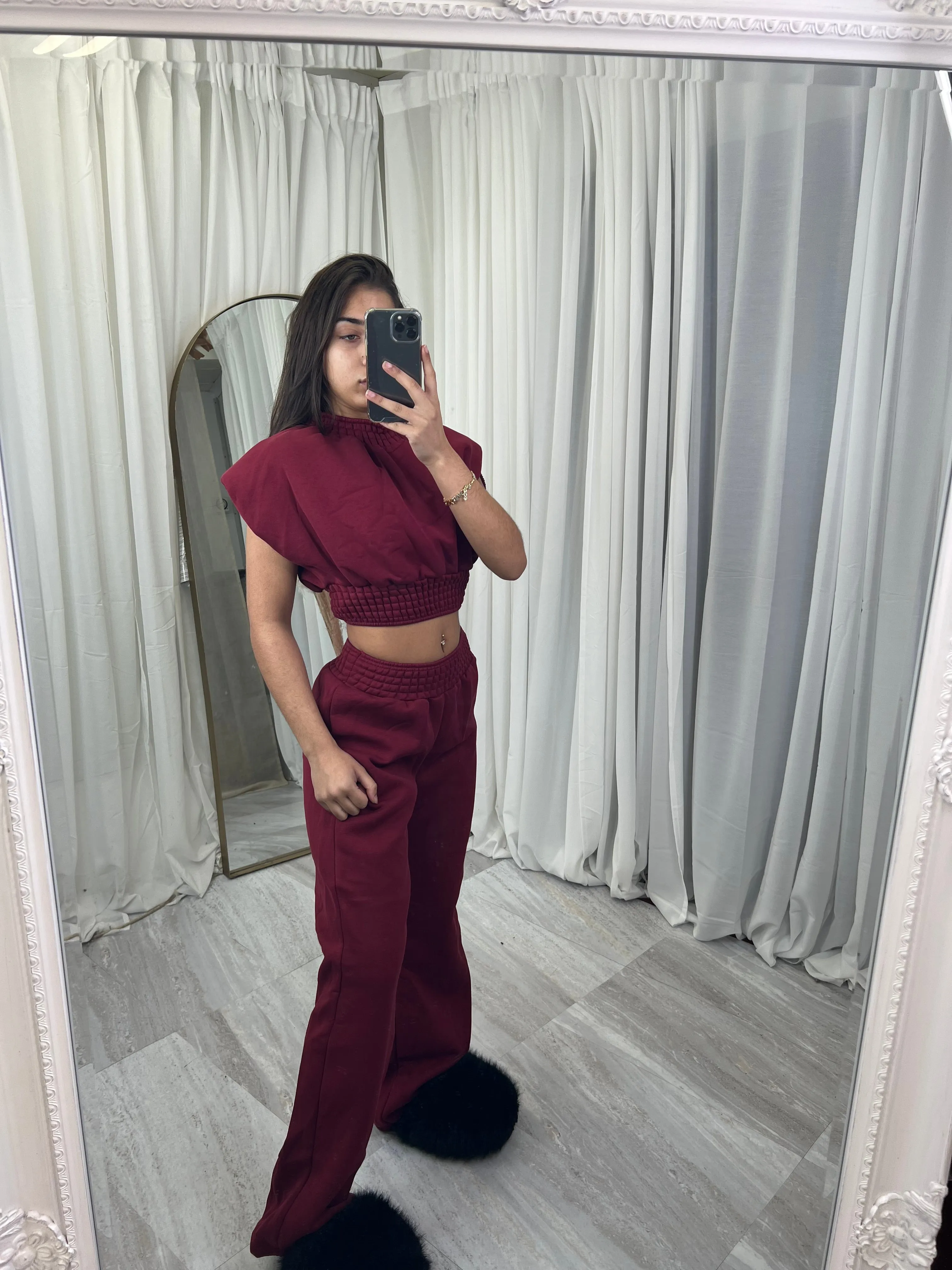 Sleeveless shoulder padded wide leg loungewear set