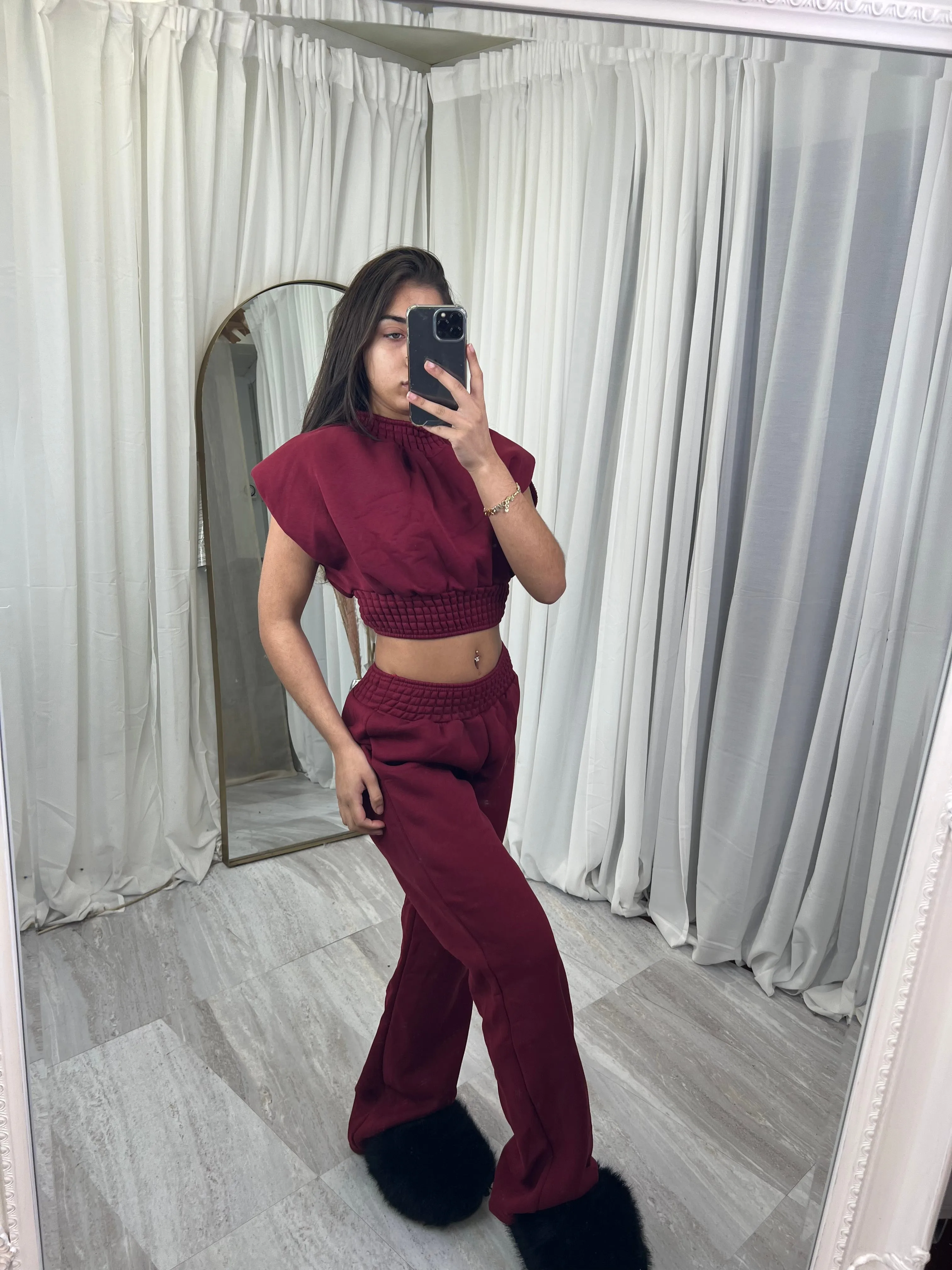 Sleeveless shoulder padded wide leg loungewear set