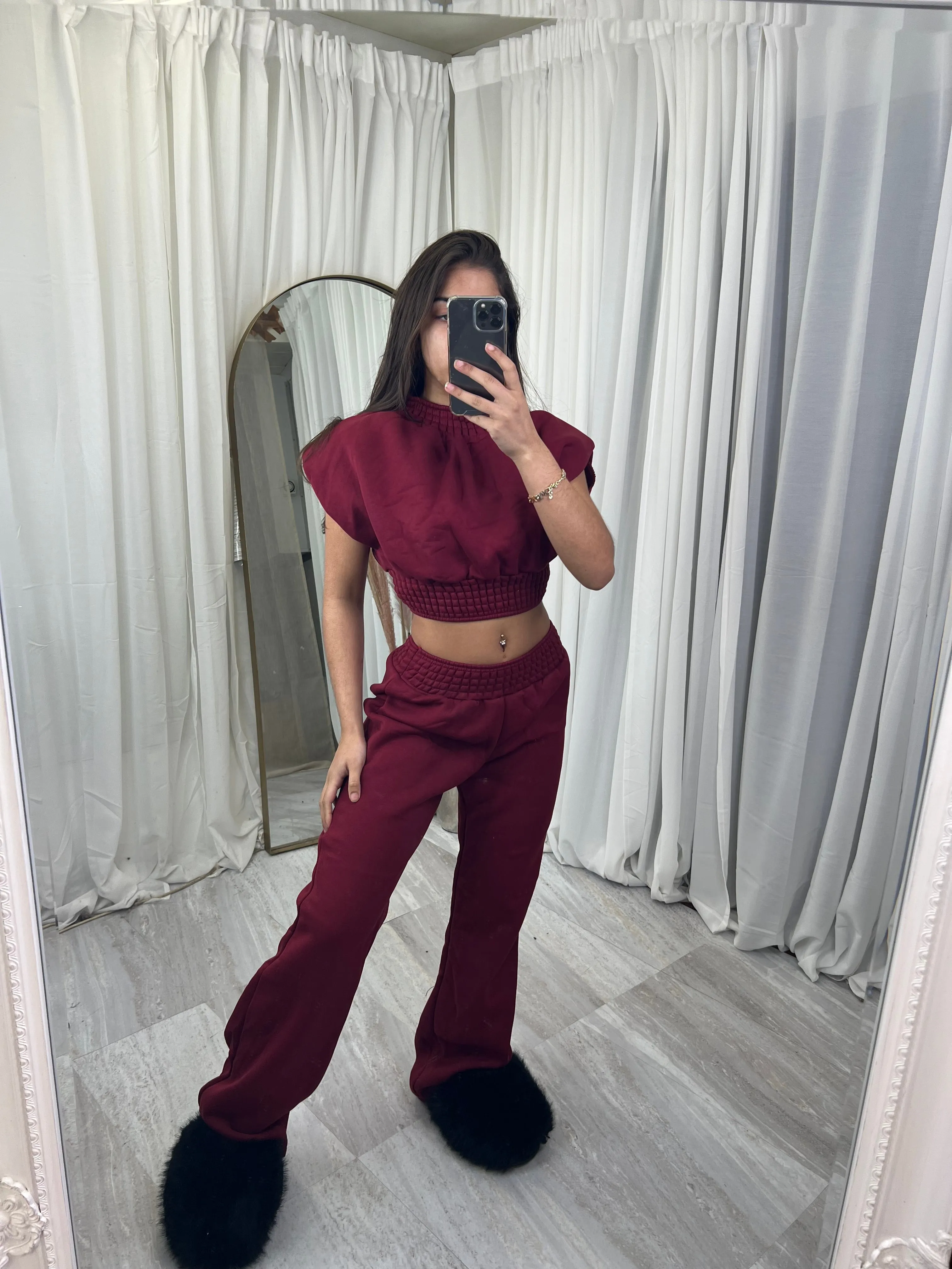 Sleeveless shoulder padded wide leg loungewear set