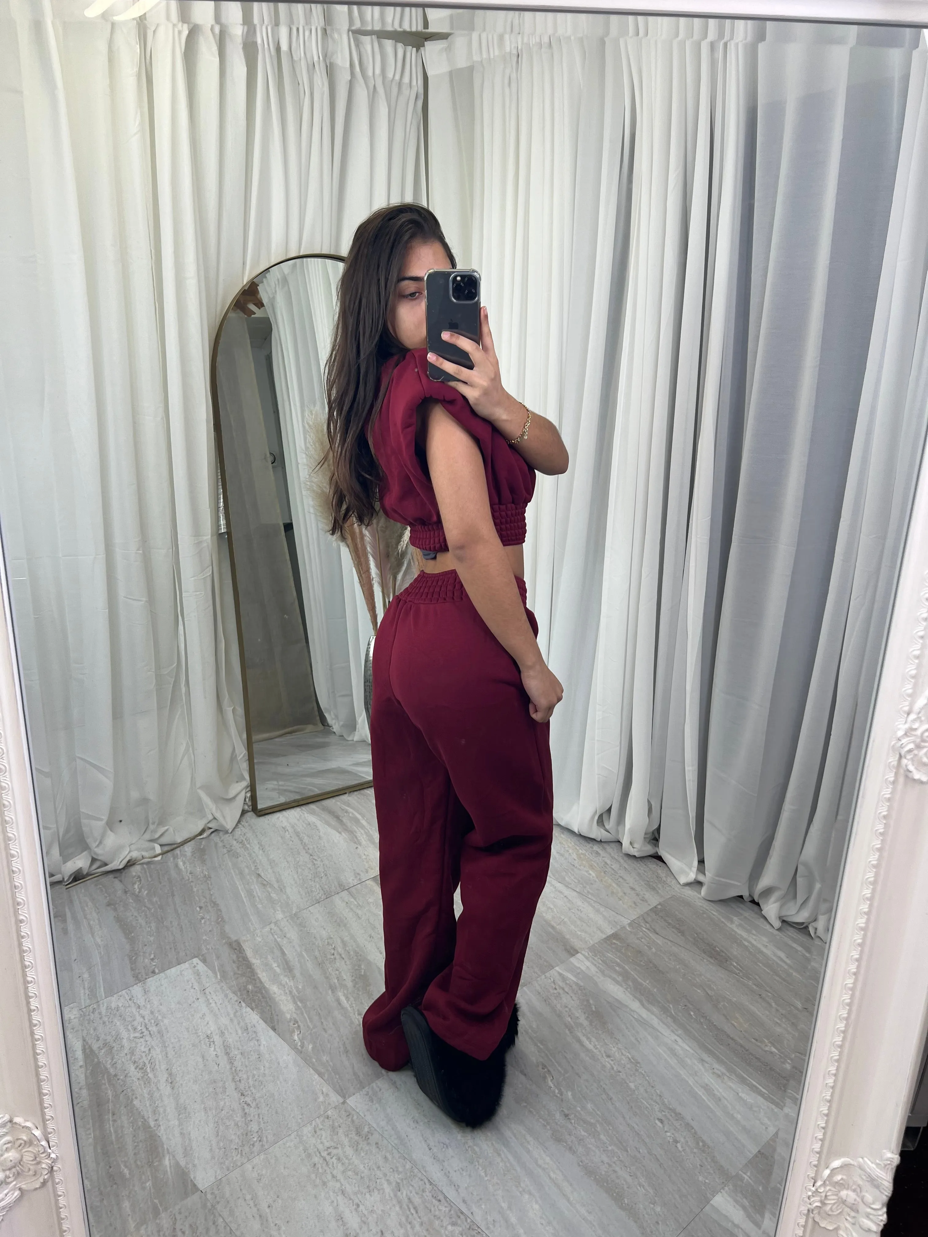 Sleeveless shoulder padded wide leg loungewear set