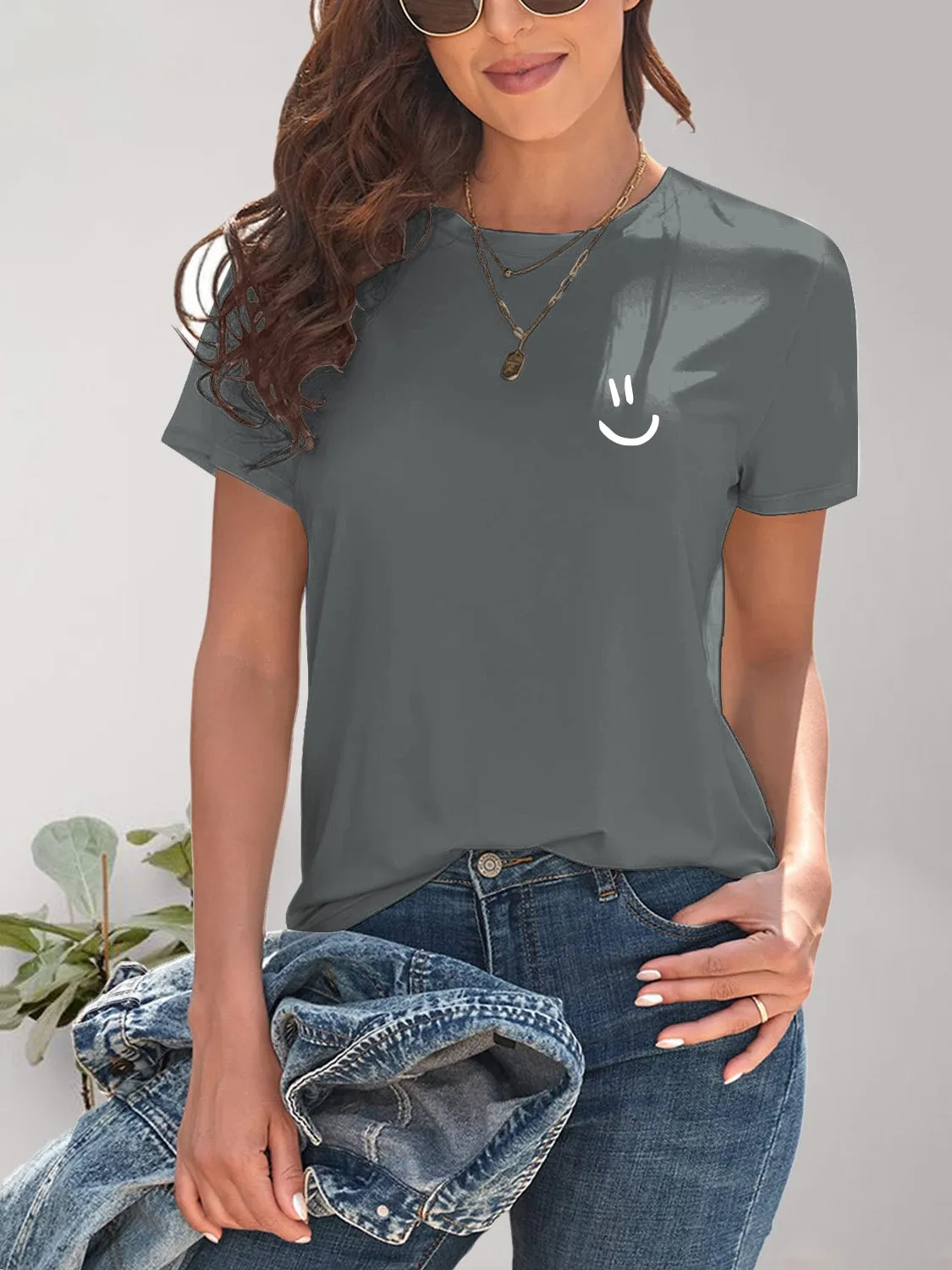 Smile Graphic Round Neck Short Sleeve T-Shirt