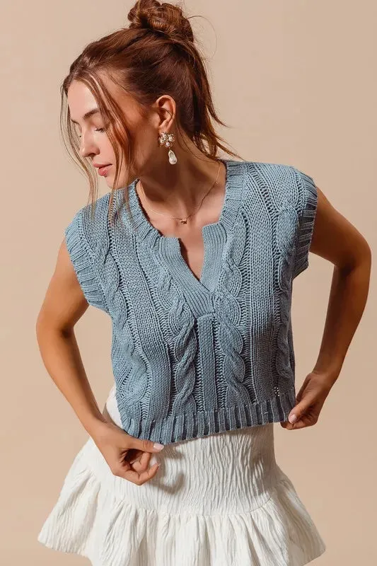 SO ME Notched Neck Cable Knit Sweater Vest