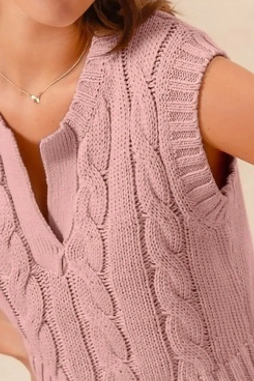 SO ME Notched Neck Cable Knit Sweater Vest