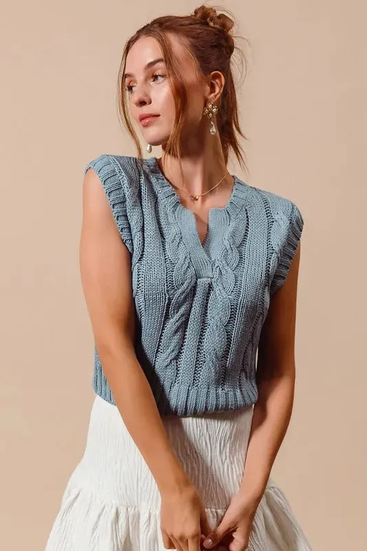SO ME Notched Neck Cable Knit Sweater Vest