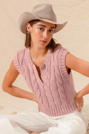 SO ME Notched Neck Cable Knit Sweater Vest