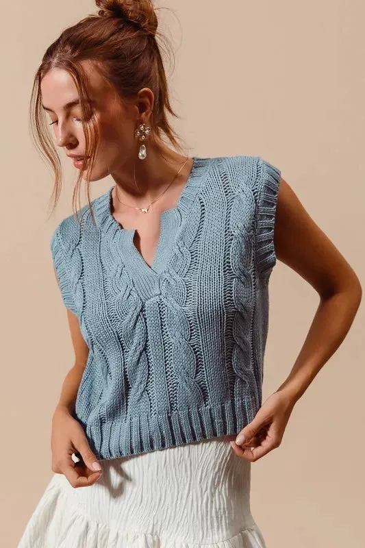SO ME Notched Neck Cable Knit Sweater Vest