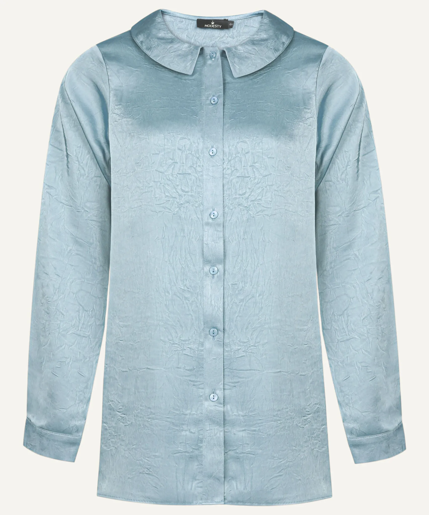 Soft Blue Satin Long Sleeve Flat Collared Basic Blouse