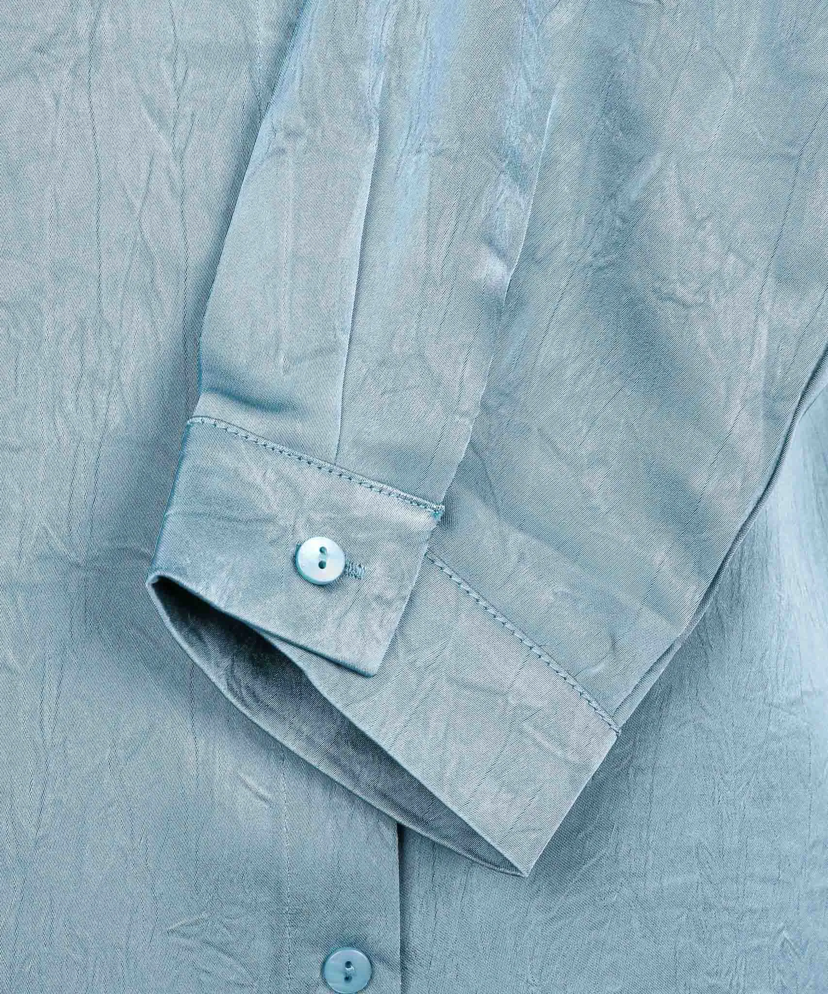 Soft Blue Satin Long Sleeve Flat Collared Basic Blouse