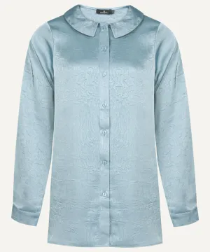 Soft Blue Satin Long Sleeve Flat Collared Basic Blouse