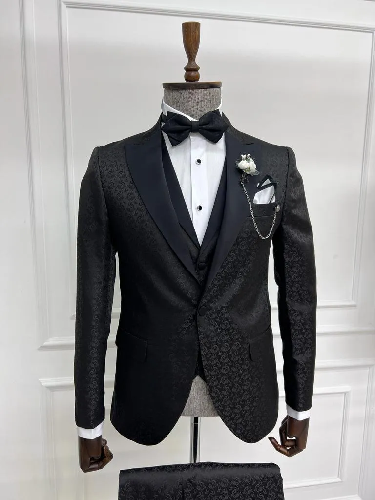 Sorento Black Slim Fit Floral Peak Lapel Tuxedo - Premium Formalwear for Men