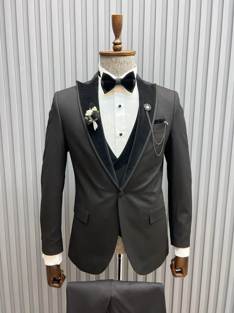 Sorento Black Slim Fit Velvet Peak Lapel Tuxedo – Elegant Formalwear for Men