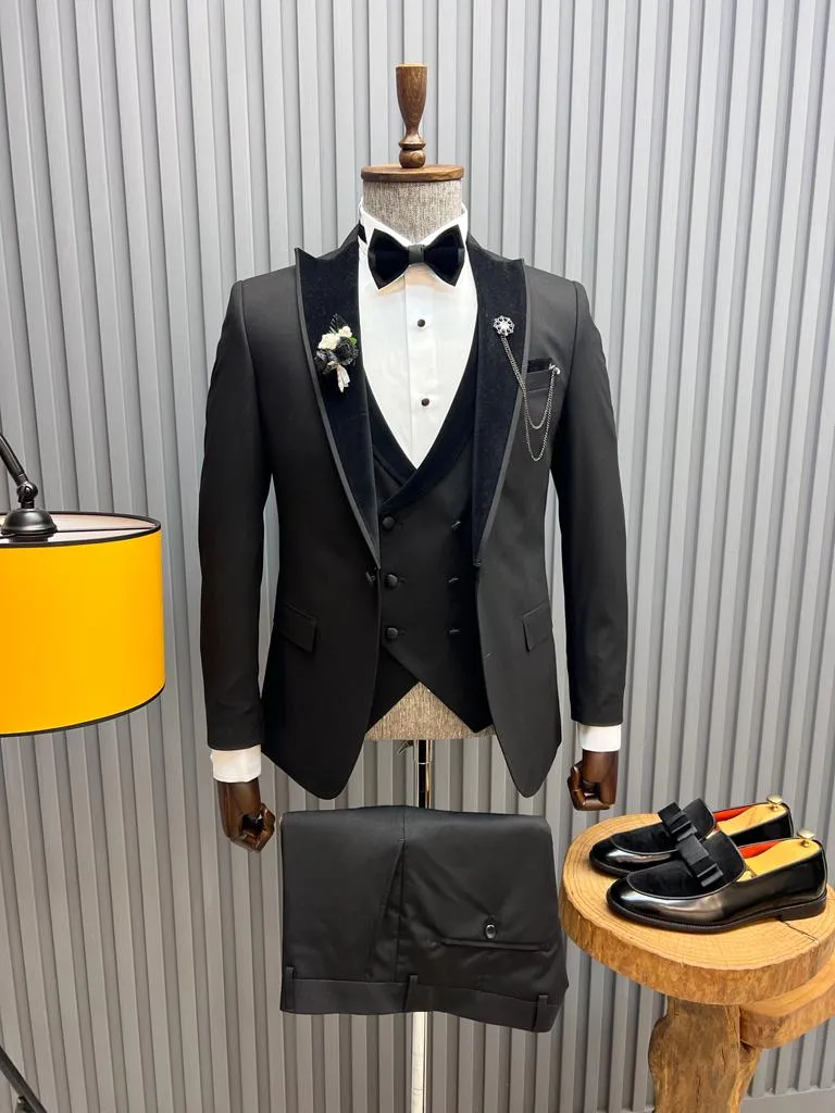 Sorento Black Slim Fit Velvet Peak Lapel Tuxedo – Elegant Formalwear for Men