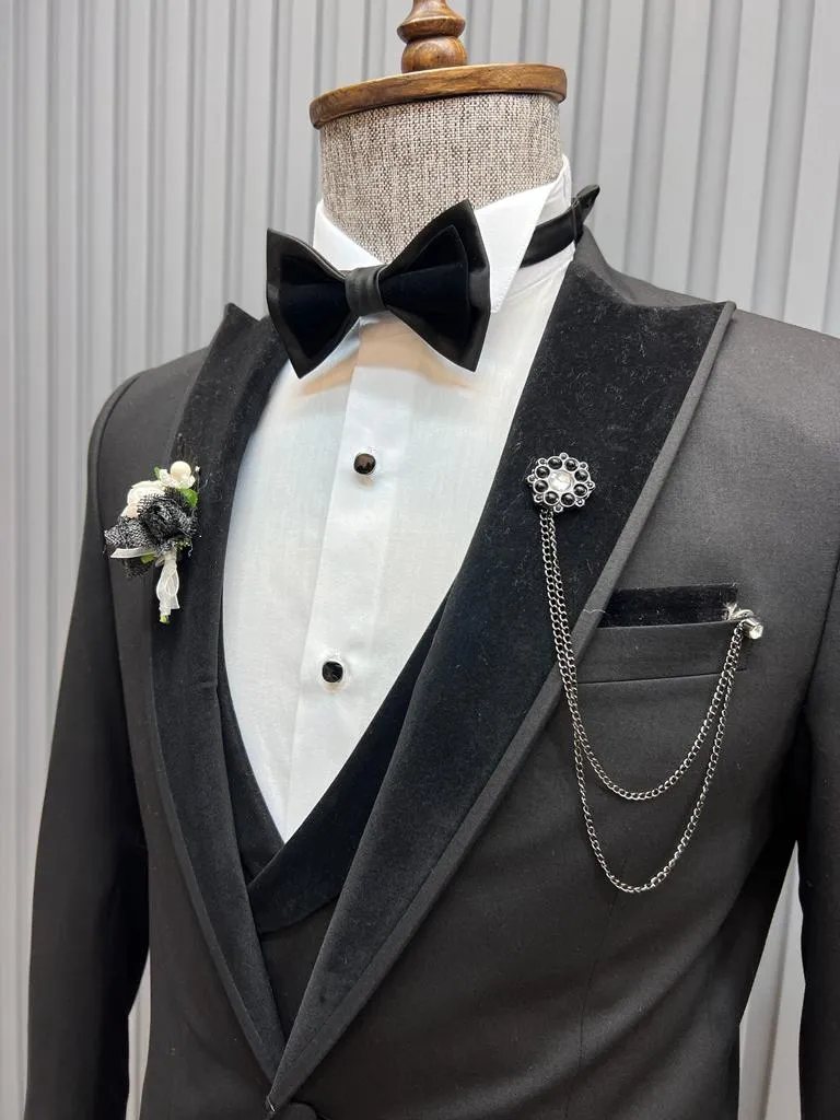 Sorento Black Slim Fit Velvet Peak Lapel Tuxedo – Elegant Formalwear for Men