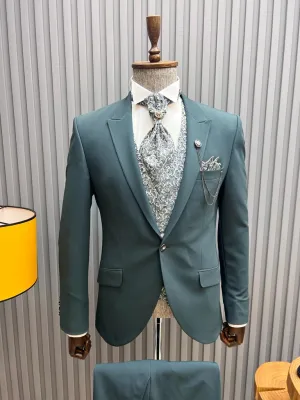 Sorento Green Slim Fit Floral Peak Lapel Groom Suit
