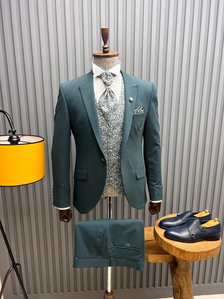 Sorento Green Slim Fit Floral Peak Lapel Groom Suit