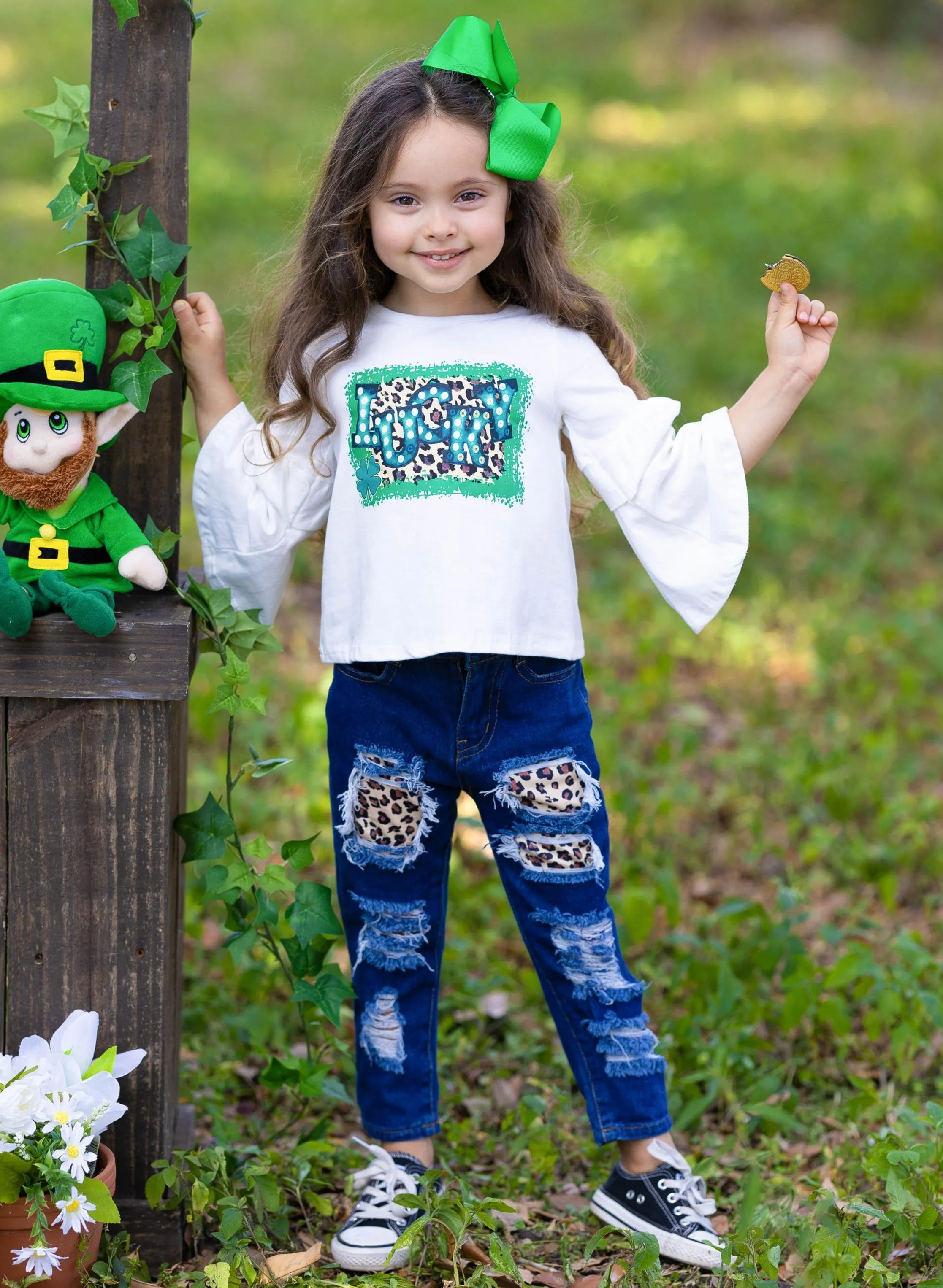 Stay Lucky Patched Jeans Set