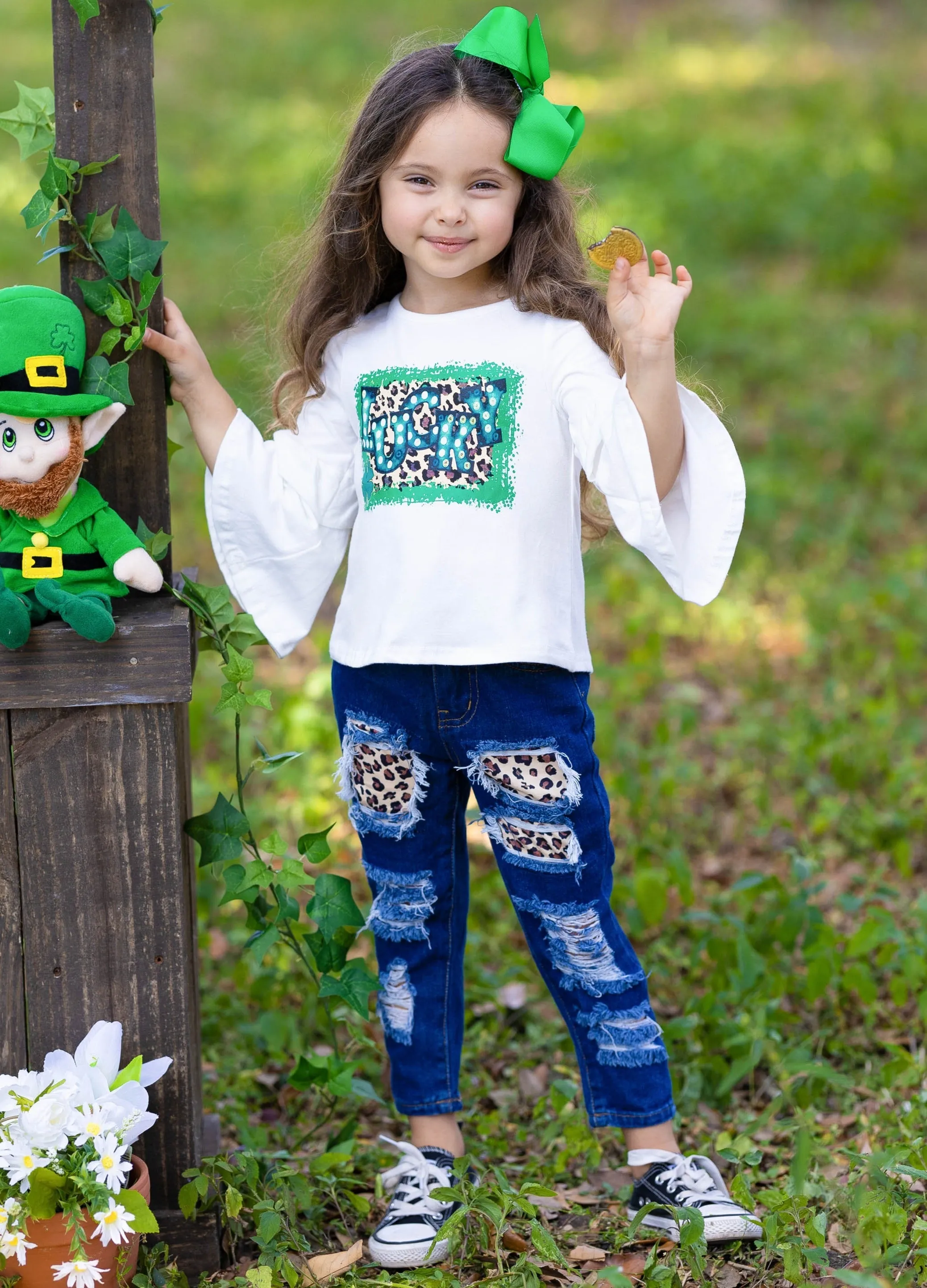 Stay Lucky Patched Jeans Set