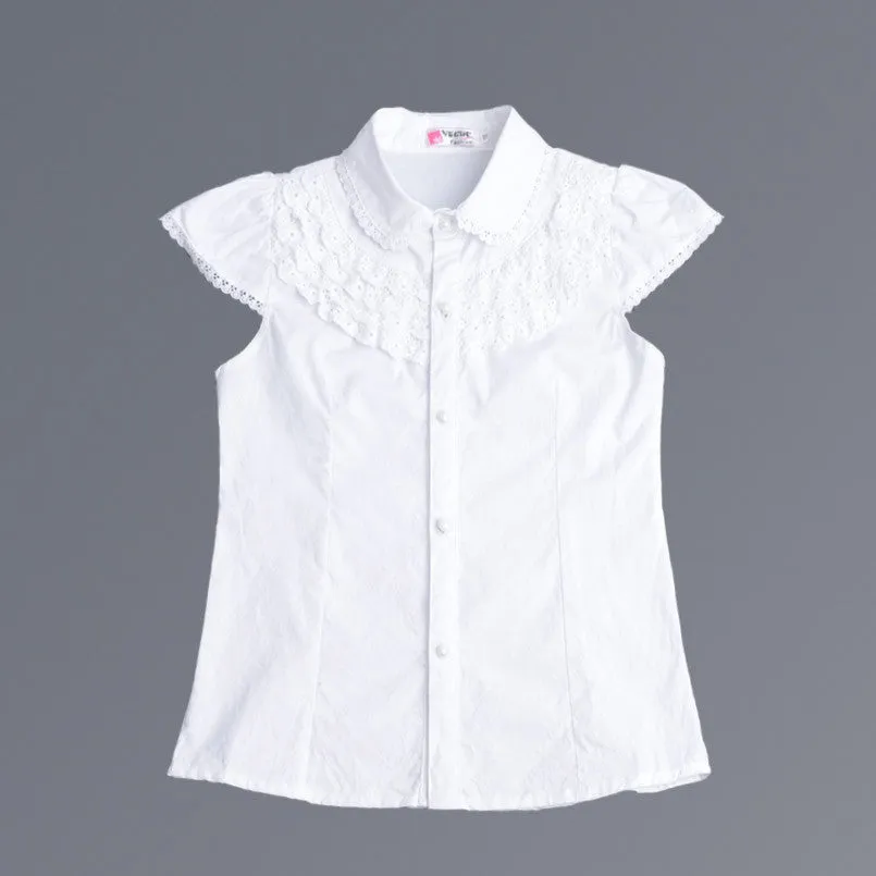Summer Girls Blouse Kids Baby Girl Clothes Cotton Tops Lace School White Blouses For Girls Short Shirts Children Clothing